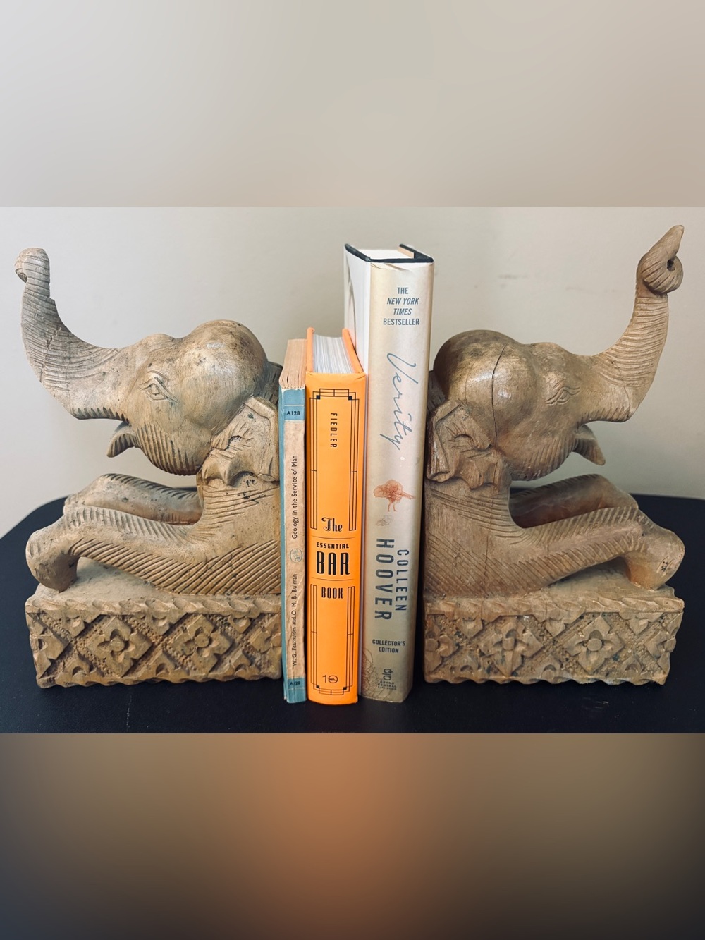 Set of Hand-carved Wooden Elephant Bookends 10” tall x 5.75” x 3.25”